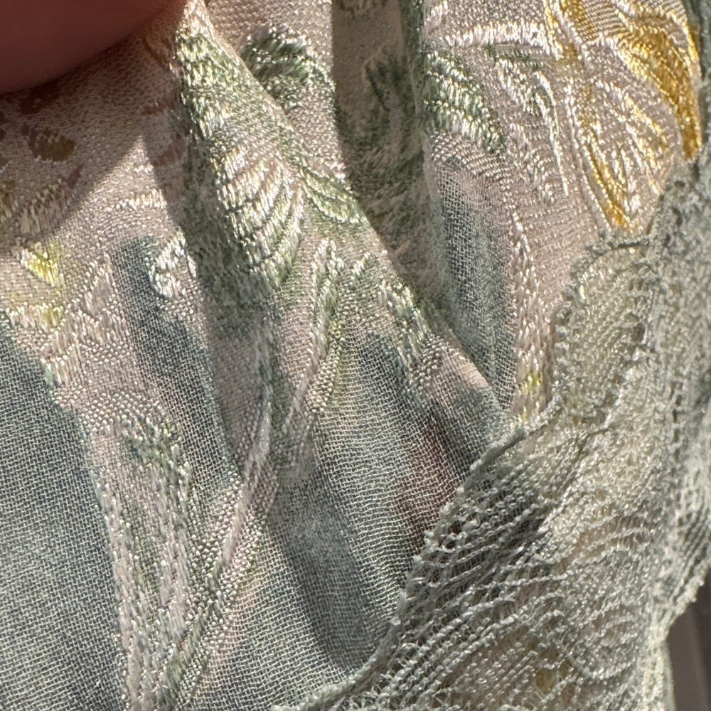 Lulu's Sage and Cream Satin Floral Midi Dress with Lace Sides. - Picture 3 of 10